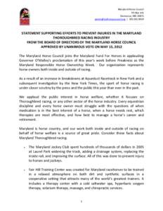 Maryland Horse Council PO Box 141 Damascus, MD[removed]removed] | [removed]STATEMENT SUPPORTING EFFORTS TO PREVENT INJURIES IN THE MARYLAND