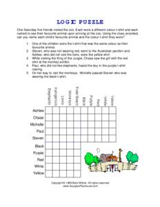 LOGIC PUZZLE One Saturday five friends visited the zoo. Each wore a different colour t-shirt and each rushed to see their favourite animal upon arriving at the zoo. Using the clues provided, can you name each child’s f