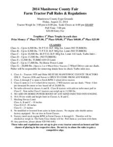 2014 Manitowoc County Fair Farm Tractor Pull Rules & Regulations Manitowoc County Expo Grounds Friday, August 22, 2014 Tractor Weigh In: 3:00 pm to 6:00 pm. Scale Closes at: 6:00 pm SHARP Pull Time: 7:00 pm