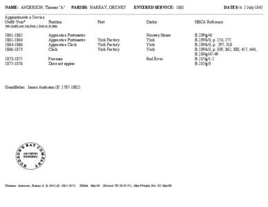 NAME:  ANDERSON, Thomas "A"      PARISH:  HARRAY, ORKNEY[removed]ENTERED SERVICE:  1861