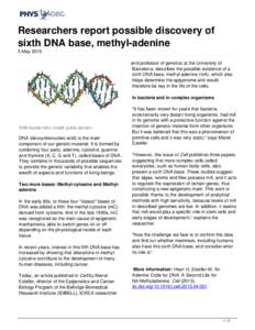 Researchers report possible discovery of sixth DNA base, methyl-adenine
