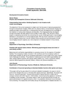 Competitive Capacity Grants Funded Applicants: [removed]Development/Innovative Grants Steven Beyea Physics and Atmospheric Science, Dalhousie University Understanding Intervention: Building Capacity in non-invasive mult