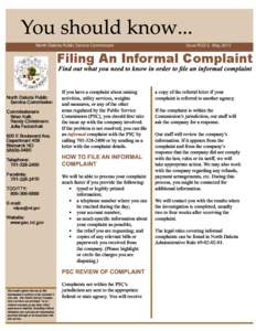 North Dakota Public Service Commission  Issue PUD-3, May 2013 Filing An Informal Complaint \