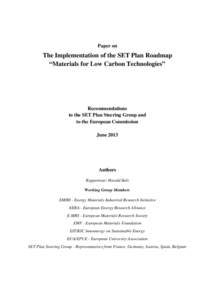 Paper on  The Implementation of the SET Plan Roadmap “Materials for Low Carbon Technologies”  Recommendations