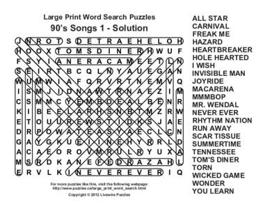 Large Print Word Search Puzzles  90’s Songs 1 - Solution J H F