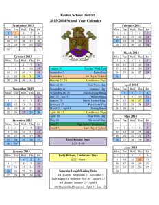 Easton School District[removed]School Year Calendar September 2013 Mon Tue Wed Thu 2 3