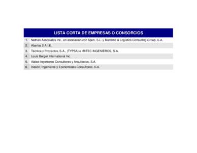 LISTA CORTA DE EMPRESAS O CONSORCIOS 1. Nathan Associates Inc., en asociación con Spim, S.L. y Maritime & Logistics Consulting Group, S.A.  2.