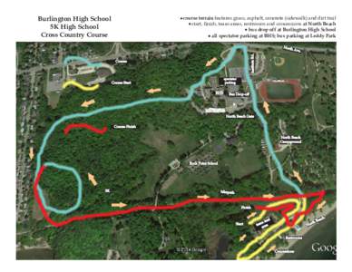 Burlington High School 5K High School Cross Country Course course terrain features grass, asphalt, concrete (sidewalk) and dirt trail start, finish, team areas, restrooms and concessions at North Beach