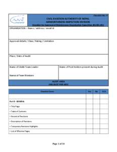 Checklist No: 9  CIVIL AVIATION AUTHORITY OF NEPAL AIRWORTHINESS INSPECTION DIVISION Checklist for Approval of Maintenance Organization Exposition (NCAR-145)