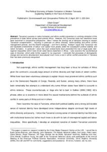 The Political Economy of Nation Formation in Modern Tanzania: Explaining Stability in the Face of Diversity Published in Commonwealth and Comparative Politics 49, 2 (April, 2011): Elliott Green1 Department of In