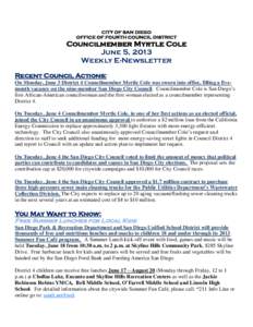 CITY OF SAN DIEGO OFFICE OF FOURTH COUNCIL DISTRICT Councilmember Myrtle Cole June 5, 2013 Weekly E-Newsletter