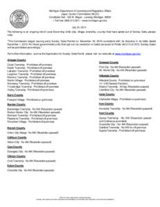 Michigan Department of Licensing and Regulatory Affairs Liquor Control Commission (MLCC) Constitution Hall – 525 W. Allegan - Lansing, Michigan 48933 • Toll free[removed] • www.michigan.gov/lcc July 24, 2014 