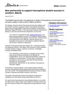 News release  New partnership to support francophone student success in southern Alberta August 30, 2013