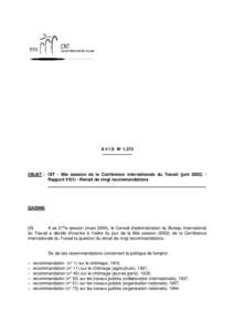 A V I S N° 1.373 --------------------- OBJET : OIT - 90e session de la Conférence internationale du Travail (juinRapport VII(1) - Retrait de vingt recommandations  SAISINE