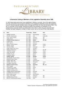 A Numerical Listing of Members of the Legislative Assembly since 1890 In 1890 responsible government was established in Western Australia. Since then approximately 873 men and women have served as members of the Legislat