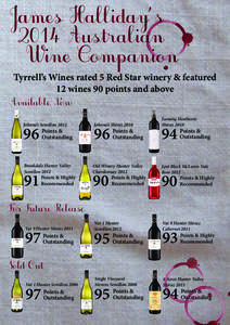 James Halliday’s 2014 Australian Wine Companion Tyrrell’s Wines rated 5 Red Star winery & featured 12 wines 90 points and above