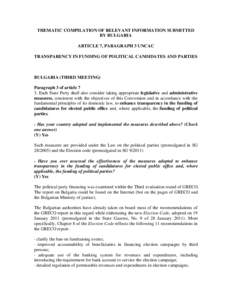 THEMATIC COMPILATION OF RELEVANT INFORMATION SUBMITTED BY BULGARIA ARTICLE 7, PARAGRAPH 3 UNCAC TRANSPARENCY IN FUNDING OF POLITICAL CANDIDATES AND PARTIES  BULGARIA (THIRD MEETING)