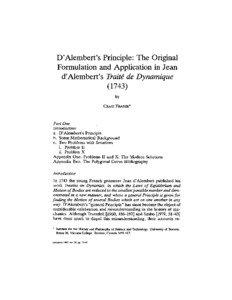 D’Alembert’s Principle: The Original Formulation and Applkation in Jean d’Alembert’s Traite‘ de Dynamique