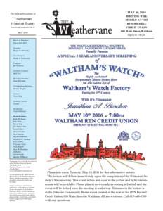 The Official Newsletter of  The Waltham Historical Society WALTHAM, MASSACHUSETTS