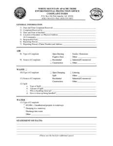 WHITE MOUNTAIN APACHE TRIBE ENVIRONMENTAL PROTECTION OFFICE COMPLAINT FORM P.O. Box 816 Fort Apache, AZ-4325 ▪ Fax: (