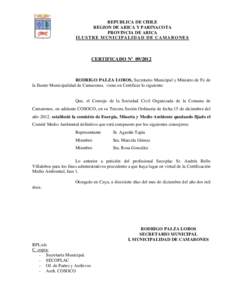 REPUBLICA DE CHILE REGION DE ARICA Y PARINACOTA PROVINCIA DE ARICA IL US T RE MUNICIPAL IDAD DE CAM ARO NE S  CERTIFICADO Nº 