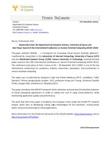 Press Release Contact: Department of Computer Science University of Cyprus Tel, Email: ; http://www.cs.ucy.ac.cy , twitter: @csdeptucy