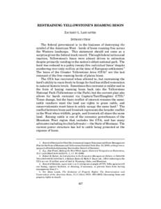 RESTRAINING YELLOWSTONE’S ROAMING BISON ZACHARY L. LANCASTER INTRODUCTION The federal government is in the business of destroying the symbol of the American West - herds of bison roaming free across the Western landsca