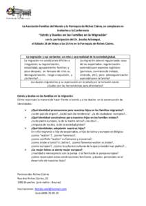 La Asociación Familias del Mundo y la Parroquia de Riches Claires, se complacen en invitarles a la Conferencia “Estrés y Duelos en las Familias en la Migración” con la participación del Dr. Joseba Achotegui, el S