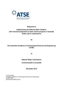 Response to Implementing the National Water Initiative: 2014 triennial assessment of water reform progress in Australia Public call for submissions  by