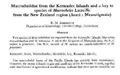 Macrochelidae from the Kermadec Islands and a key to species of Macrocheles Latreille from the New Zealand region (Acari : Mesostigmata)