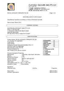 DECAL LACQUER THINNERS FDL180  Page 1 of 4 MATERIAL SAFETY DATA SHEET Classified as hazardous according to criteria of Worksafe Australia.