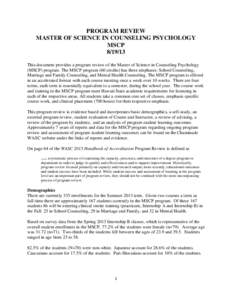 PROGRAM REVIEW MASTER OF SCIENCE IN COUNSELING PSYCHOLOGY MSCP[removed]This document provides a program review of the Master of Science in Counseling Psychology (MSCP) program. The MSCP program (60 credits) has three emp