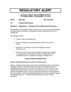 REGULATORY ALERT NATIONAL CREDIT UNION ADMINISTRATION 1775 DUKE STREET, ALEXANDRIA, VA[removed]DATE:  May 2003