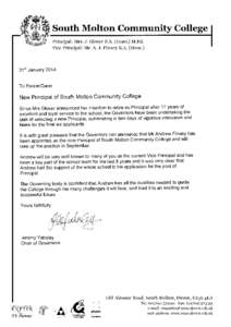 ffi  South Molton Community College Principal:Mrs. J. GloverB.A. (Hons.)M.Ed. Vice Principal:Mr. A. J. FinneyB.A. (Hons.)