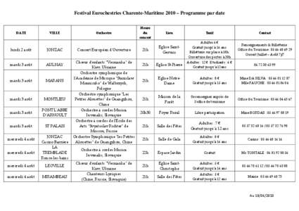 Festival Eurochestries Charente-Maritime 2010 – Programme par date  DATE VILLE