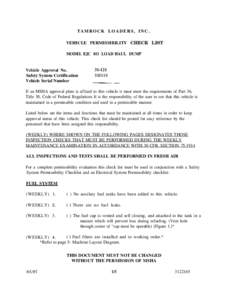 TAMROCK LOADERS, INC. VEHICLE PERMISSIBILITY CHECK LIST MODEL EJC 8O LOAD HAUL DUMP Vehicle Approval No. Safety System Certification