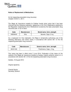 Notice of Replacement of Medications  An Act respecting prescription drug insurance (chapter A-29.01, sThe Régie de l’assurance maladie du Québec hereby gives notice that it has been informed that the followi