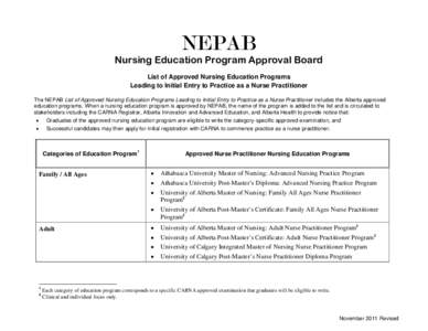 NEPAB Nursing Education Program Approval Board List of Approved Nursing Education Programs Leading to Initial Entry to Practice as a Nurse Practitioner The NEPAB List of Approved Nursing Education Programs Leading to Ini