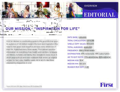 OVERVIEW  EDITORIAL OUR MISSION - “INSPIRATION FOR LIFE” RATE BASE: 1,100,000 First for Women is a motivating guide to the good life that gives