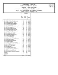 Statement of Votes Cast Gubernatorial Primary Election Allegany County, Maryland Tuesday, June 24, 2014 SOVC For County Wide, All Counters, All Races FINAL OFFICIAL RESULTS