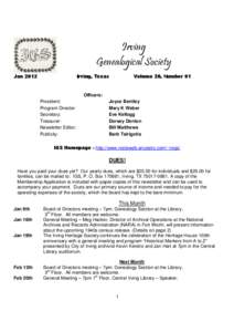 Irving Genealogical Society Jan 2012 Irving, Texas