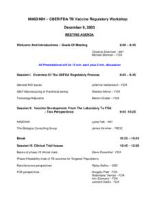 CBER/FDA TB Vaccine Regulartory Workshop, December 9, 2003