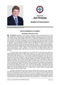 Speech By  Jon Krause MEMBER FOR BEAUDESERT  Record of Proceedings, 6 March 2014