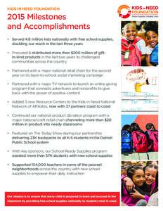 KIDS IN NEED FOUNDATIONMilestones and Accomplishments •	 Served 4.8 million kids nationally with free school supplies, doubling our reach in the last three years