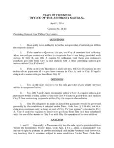 STATE OF TENNESSEE  OFFICE OF THE ATTORNEY GENERAL April 1, 2014 Opinion No[removed]Providing Natural Gas Within City Limits