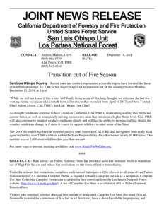 J O I NT NE WS RE L E A S E California Department of Forestry and Fire Protection United States Forest Service San Luis Obispo Unit Los Padres National Forest