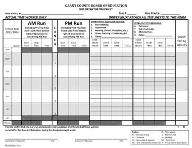 GRANT COUNTY BOARD OF EDUCATION BUS OPERATOR TIMESHEET Bus # Bus Route: DRIVER MUST ATTACH ALL TRIP SHEETS TO THIS FORM