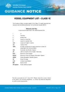GUIDANCE NOTICE VESSEL EQUIPMENT LIST – CLASS 1E This Guidance Notice provides details of the Class 1E vessel equipment list required under the National Standard for Commercial Vessels (NSCV).  Glossary and Key: