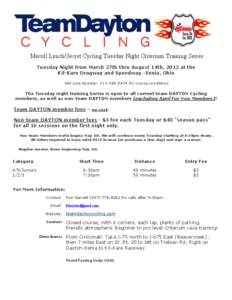 Merrill Lynch/Secret Cycling Tuesday Night Criterium Training Series Tuesday Night from March 27th thru August 14th, 2012 at the Kil-Kare Dragway and Speedway -Xenia, Ohio Hot Line Number: [removed]for course conditi
