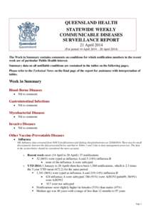 QUEENSLAND HEALTH STATEWIDE WEEKLY COMMUNICABLE DISEASES SURVEILLANCE REPORT 21 April[removed]For period 14 April 2014 – 20 April 2014)